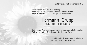 Traueranzeige von Hermann Grupp von Gmünder Tagespost