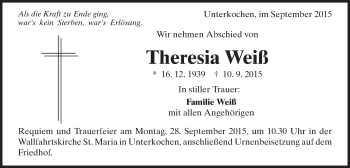 Traueranzeige von Theresia Weiß von Schwäbische Post