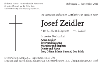 Traueranzeige von Josef Zeidler von Schwäbische Post