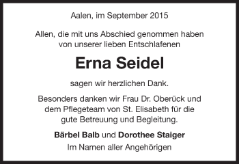 Traueranzeige von Erna Seidel von Schwäbische Post