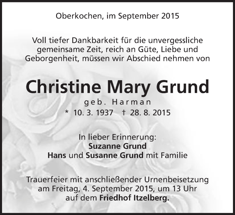  Traueranzeige für Christine Mary Grund vom 01.09.2015 aus Schwäbische Post