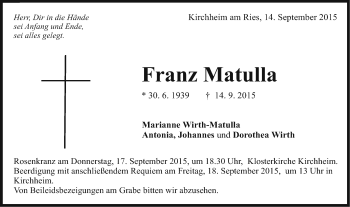 Traueranzeige von Franz Matulla von Schwäbische Post