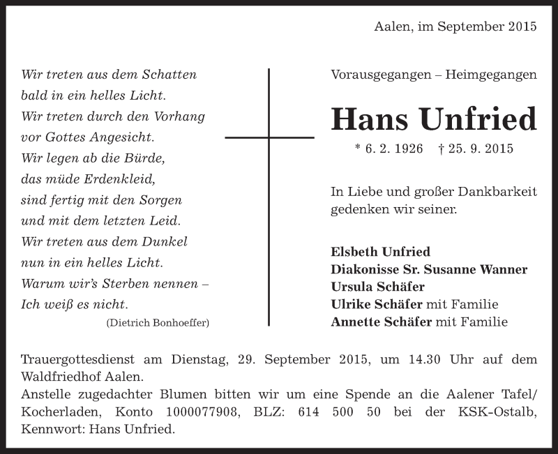  Traueranzeige für Hans Unfried vom 28.09.2015 aus Schwäbische Post