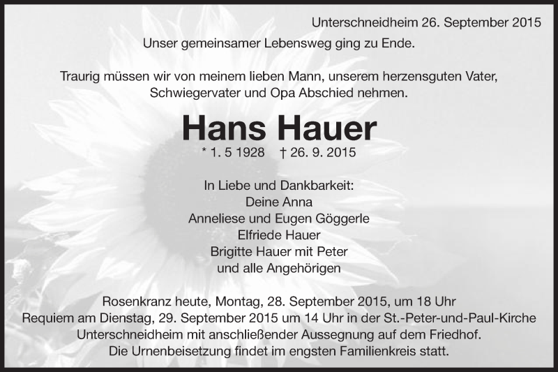  Traueranzeige für Hans Hauer vom 28.09.2015 aus Schwäbische Post