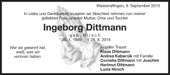 Traueranzeige von Ingeborg Dittmann von Schwäbische Post