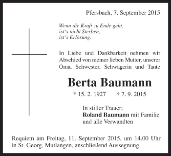 Traueranzeige von Berta Baumann von Gmünder Tagespost