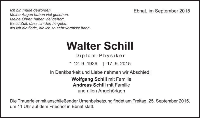  Traueranzeige für Walter Schill vom 23.09.2015 aus Schwäbische Post