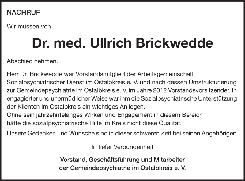  Traueranzeige für Ullrich Brickwedde vom 22.09.2015 aus Schwäbische Post