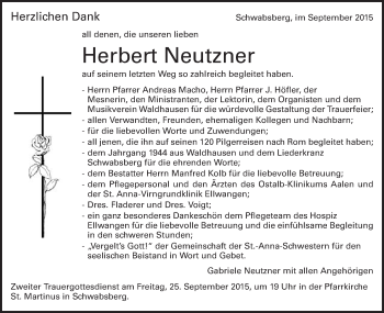 Traueranzeige von Herbert Neutzner von Schwäbische Post