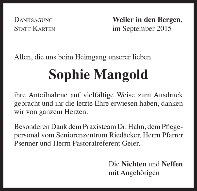  Traueranzeige für Sophie Mangold vom 05.09.2015 aus Gmünder Tagespost