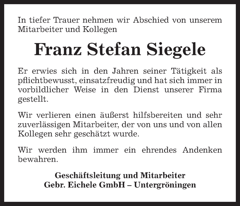 Traueranzeige für Franz Stefan Siegle vom 22.09.2015 aus Gmünder Tagespost