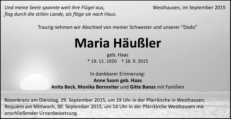  Traueranzeige für Maria Häußler vom 26.09.2015 aus Schwäbische Post