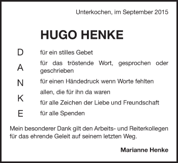 Traueranzeige von Hugo Henke  von Schwäbische Post