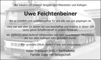 Traueranzeige von Uwe Feichtenbeiner von Gmünder Tagespost
