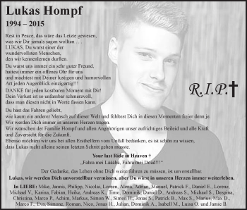 Traueranzeige von Lukas Hompf von Schwäbische Post