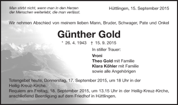 Traueranzeige von Günther Gold von Schwäbische Post