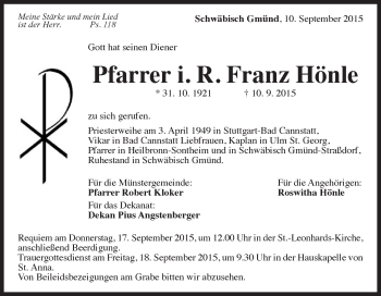 Traueranzeige von Franz Hönle von Gmünder Tagespost