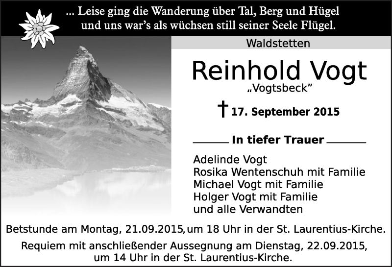  Traueranzeige für Reinhold Vogt vom 19.09.2015 aus Gmünder Tagespost