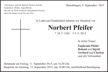 Traueranzeige von Norbert Pfeifer von Gmünder Tagespost