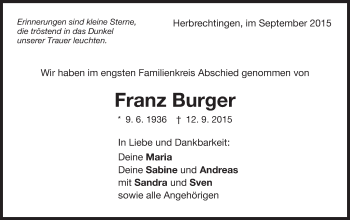 Traueranzeige von Franz Burger von Schwäbische Post