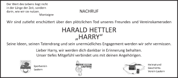 Traueranzeige von Harald Hettler von Gmünder Tagespost