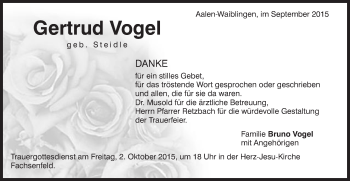 Traueranzeige von Gertrud Vogel von Schwäbische Post