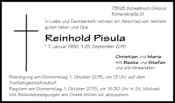 Traueranzeige von Reinhold Pisula von Gmünder Tagespost