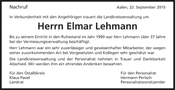 Traueranzeige von Elmar Lehmann von Schwäbische Post