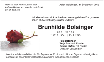 Traueranzeige von Brunhilde Bolsinger von Schwäbische Post