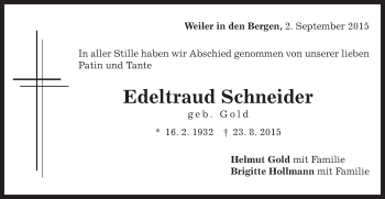 Traueranzeige von Edeltraud Schneider von Gmünder Tagespost