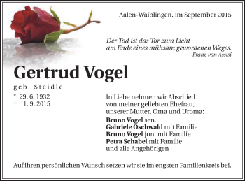 Traueranzeige von Gertrud Vogel von Schwäbische Post
