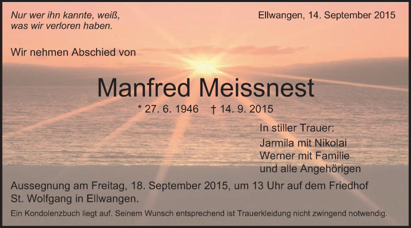  Traueranzeige für Manfred Meissnest vom 16.09.2015 aus Schwäbische Post