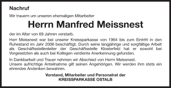 Traueranzeige von Manfred Meissnest von Schwäbische Post