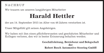 Traueranzeige von Harald Hettler von Gmünder Tagespost