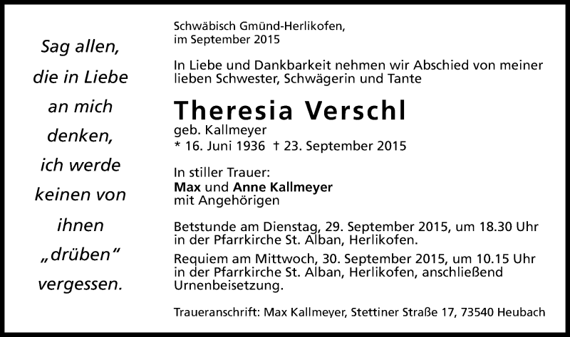  Traueranzeige für Theresia Verschl vom 26.09.2015 aus Gmünder Tagespost