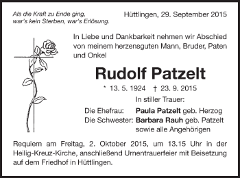 Traueranzeige von Rudolf Patzelt von Schwäbische Post