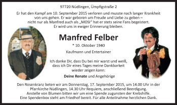 Traueranzeige von Manfred Felber von Schwäbische Post
