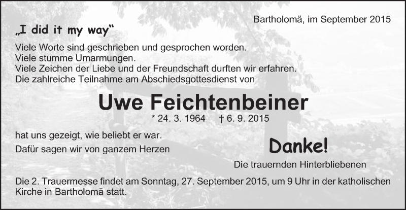  Traueranzeige für Uwe Feichtenbeiner vom 19.09.2015 aus Gmünder Tagespost