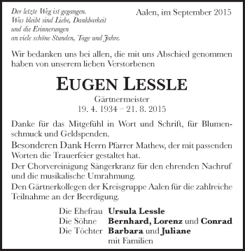 Traueranzeige von Eugen Lessle von Schwäbische Post