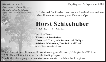 Traueranzeige von Horst Schleehuber von Schwäbische Post