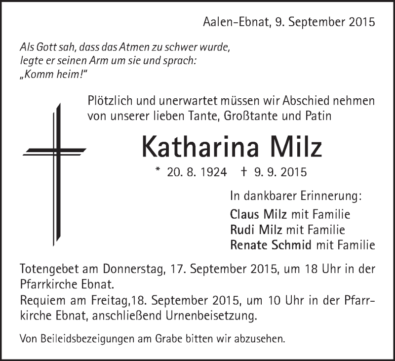  Traueranzeige für Katharina Milz vom 15.09.2015 aus Schwäbische Post