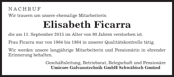 Traueranzeige von Elisabeth Ficarra von Gmünder Tagespost