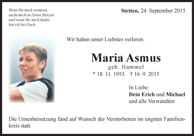  Traueranzeige für Maria Asmus vom 24.09.2015 aus Schwäbische Post