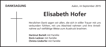 Traueranzeige von Elisabeth Hofer von Schwäbische Post
