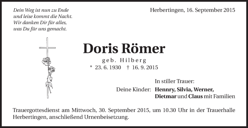  Traueranzeige für Doris Römer vom 26.09.2015 aus Schwäbische Post