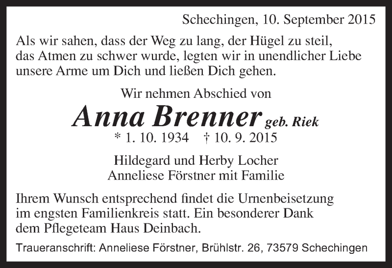  Traueranzeige für Anna Brenner vom 16.09.2015 aus Gmünder Tagespost