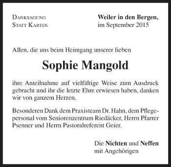 Traueranzeige von Sophie Mangold von Gmünder Tagespost