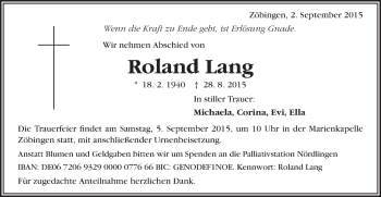 Traueranzeige von Roland Lang von Schwäbische Post