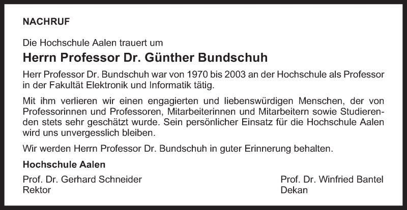 Traueranzeige für Günther Bundschuh vom 01.09.2015 aus Schwäbische Post