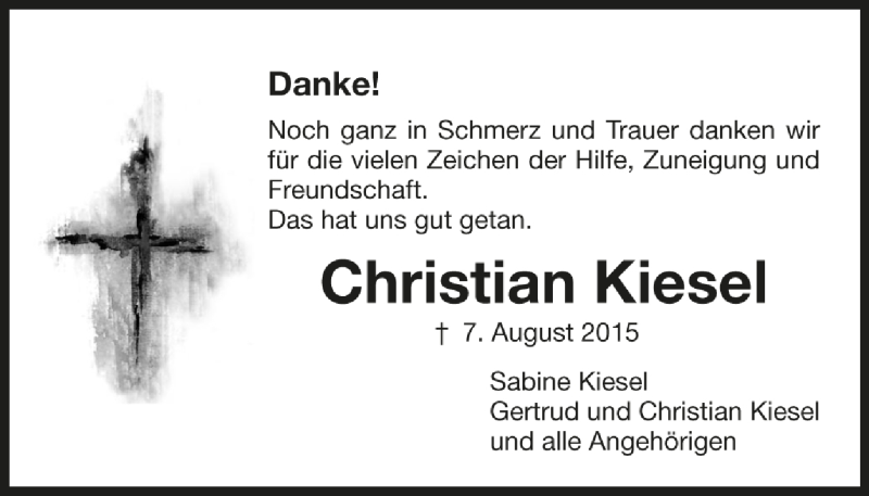 Traueranzeige für Christian Kiesel vom 15.09.2015 aus OstalbTrauer